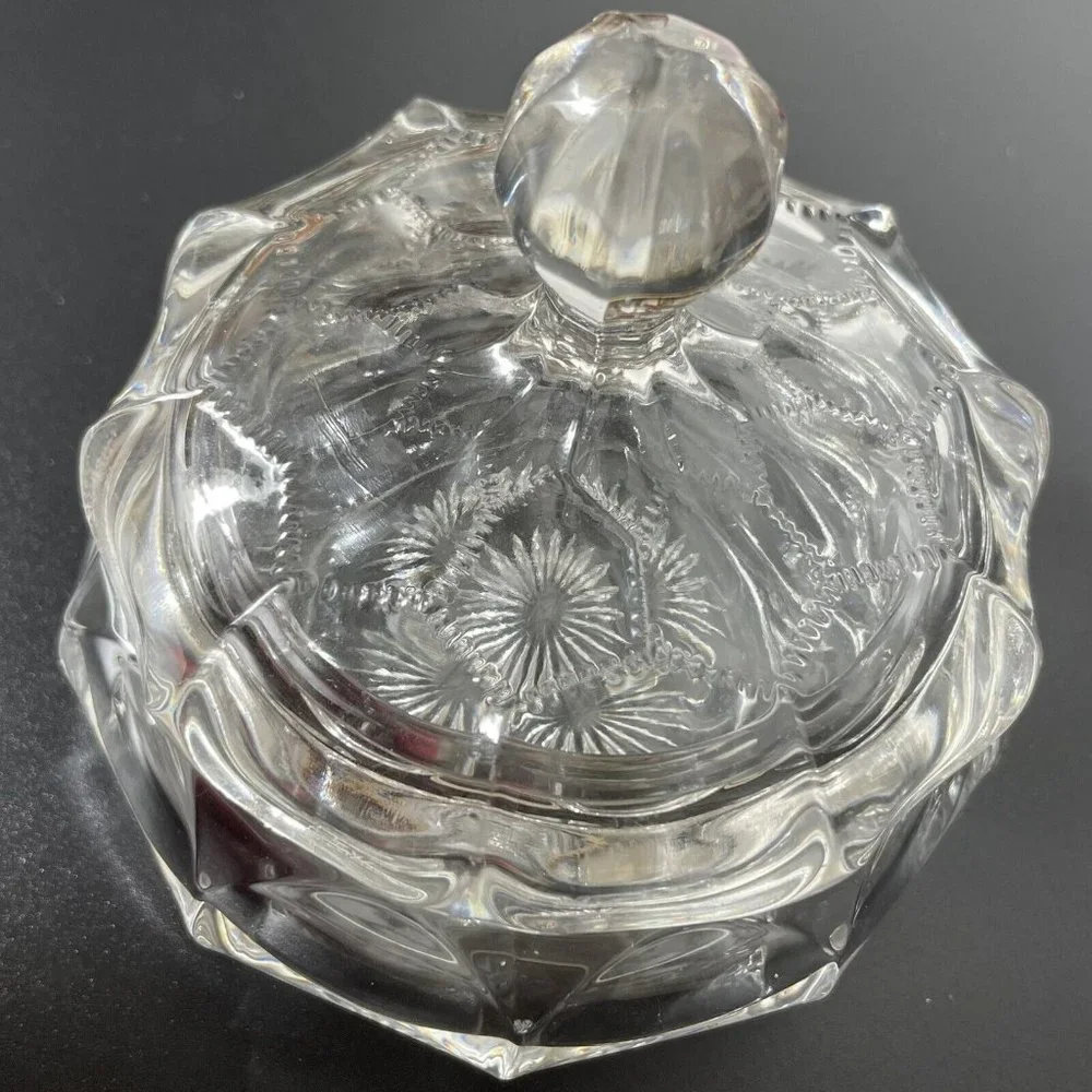 Vintage 1940's Honey Cone pattern Covered Vanity Jar Clear glass